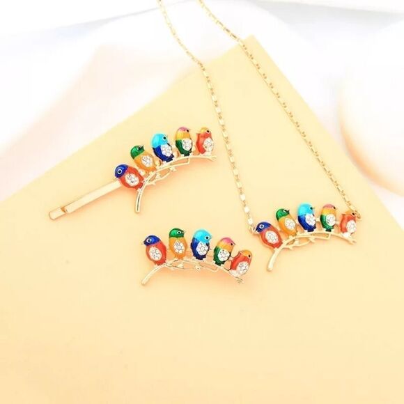 Enamel Glaze Bird Of Flock Crystal Gold Brooch - Picture 6 of 6